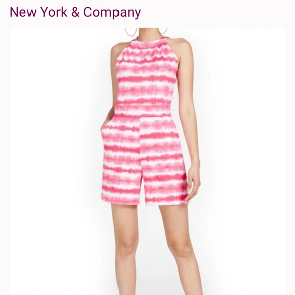 New York & Company Tie Dye Romper Sz L Pink & White 2 Front Pockets New With Tag - Picture 1 of 8